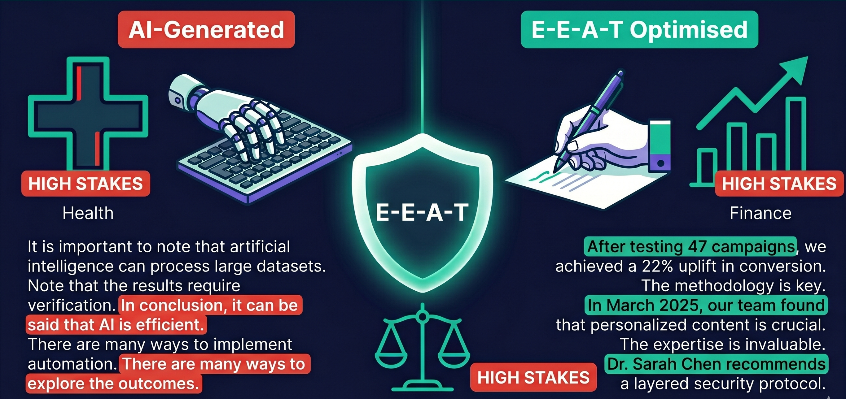 AI-generated content on the left showing generic phrases, E-E-A-T optimised content on the right showing specific, experience-driven language