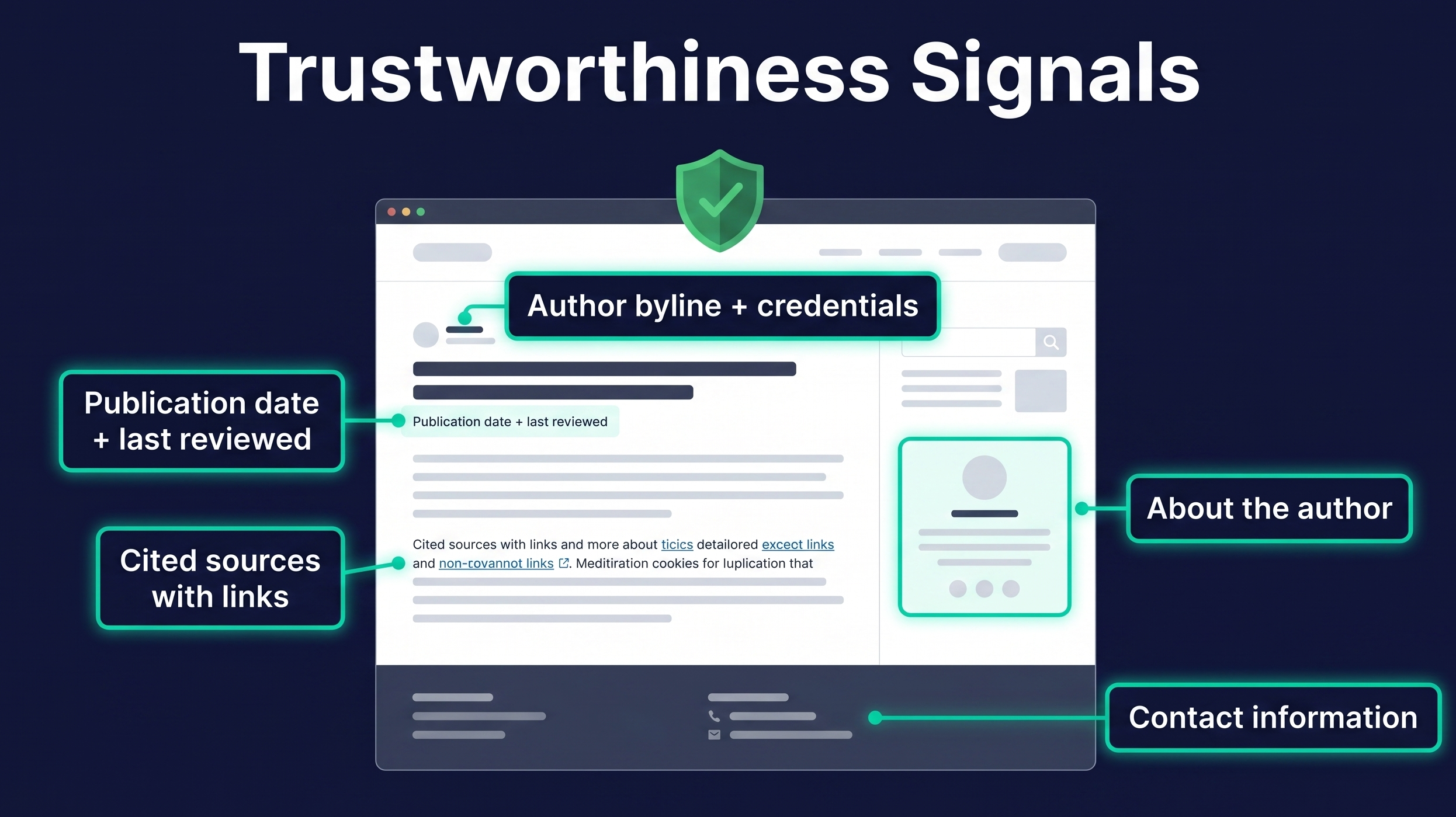 A webpage mockup with five trust signals highlighted: author byline, publication date, cited sources, author bio, and contact information